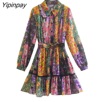 Yipinpay 2023 Spring Autumn Women Printed Mini Dresses With Belt Elegant Turn Down Collar Dress A-line Long Sleeve Vestidos
